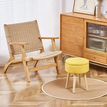 Mxfurhawa Storage Ottoman Foot Stool Linen Round Vanity Stool Tray Top Footstool with Wood Legs Multifunctional Upholstered Foot Rest Ottoman for Living Room, Bathroom, Makeup (Yellow)