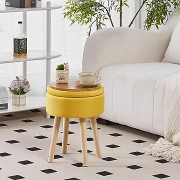 Mxfurhawa Storage Ottoman Foot Stool Linen Round Vanity Stool Tray Top Footstool with Wood Legs Multifunctional Upholstered Foot Rest Ottoman for Living Room, Bathroom, Makeup (Yellow)