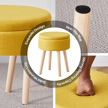 Mxfurhawa Storage Ottoman Foot Stool Linen Round Vanity Stool Tray Top Footstool with Wood Legs Multifunctional Upholstered Foot Rest Ottoman for Living Room, Bathroom, Makeup (Yellow)