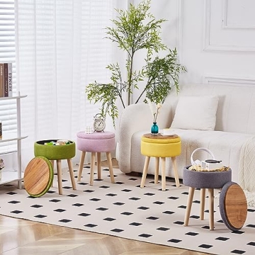 Mxfurhawa Storage Ottoman Foot Stool Linen Round Vanity Stool Tray Top Footstool with Wood Legs Multifunctional Upholstered Foot Rest Ottoman for Living Room, Bathroom, Makeup (Yellow)