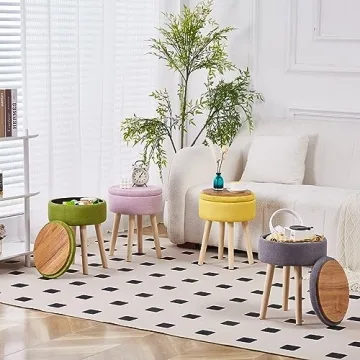 Mxfurhawa Storage Ottoman Foot Stool Linen Round Vanity Stool Tray Top Footstool with Wood Legs Multifunctional Upholstered Foot Rest Ottoman for Living Room, Bathroom, Makeup (Yellow)