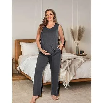 SWOMOG Maternity Nursing Pajamas with Pockets in Grey