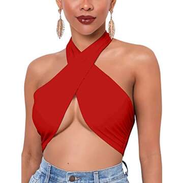 Mokoru Women's Sexy Sleeveless Halter Criss Cross Tank Crop Tops Self Tie Backless Cami, S/M, Red