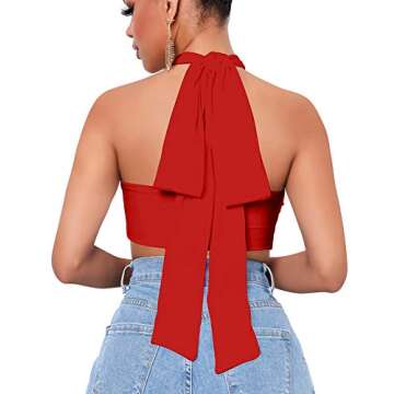 Mokoru Women's Sexy Sleeveless Halter Criss Cross Tank Crop Tops Self Tie Backless Cami, S/M, Red