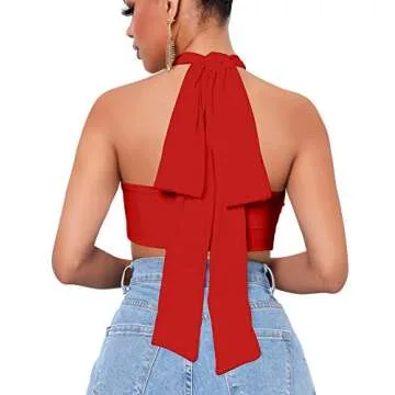 Mokoru Women's Sexy Sleeveless Halter Criss Cross Tank Crop Tops Self Tie Backless Cami, S/M, Red