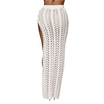 Womens Sexy Crochet Knitted Long Skirt Bathing Suit Cover Ups White High Waist Maxi Skirt Beach