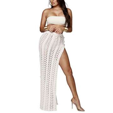 Womens Sexy Crochet Knitted Long Skirt Bathing Suit Cover Ups White High Waist Maxi Skirt Beach