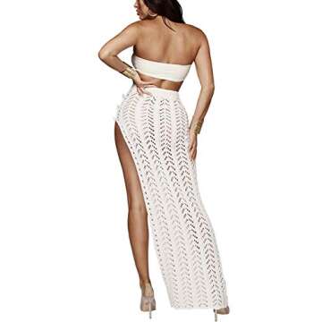 Womens Sexy Crochet Knitted Long Skirt Bathing Suit Cover Ups White High Waist Maxi Skirt Beach