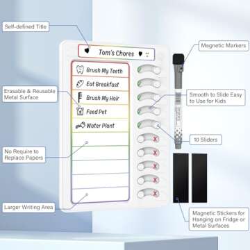 Chore Chart for Kids Dry Erase Chore Board ADHD Tools for Kids to Do List Checklist Task Board Routine Chart Planning Board for Fridge with 10 Sliders and Magnetic Marker, White and Rainbow, 1 Pack
