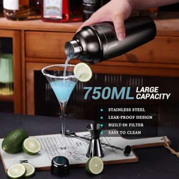 Cocktail Shaker Set Bartender Kit with Stand, 12 Piece Bar Set Drink Mixer Set with Stainless Steel Bar Accessories Tools: 25oz Martini Shaker Jigger Strainer Spoon Muddler for Cocktails (Black)