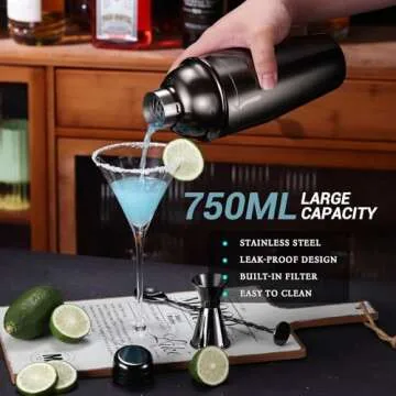 Cocktail Shaker Set Bartender Kit with Stand, 12 Piece Bar Set Drink Mixer Set with Stainless Steel Bar Accessories Tools: 25oz Martini Shaker Jigger Strainer Spoon Muddler for Cocktails (Black)