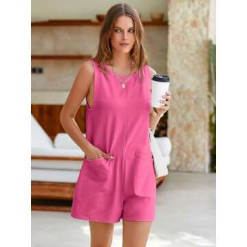 Glamaker Women's Summer Sleeveless Romper Casaul Beach Vacation Loose Shorts Jumpsuit Overalls Outfits 2025 With Pocket(Rose Red,Large)