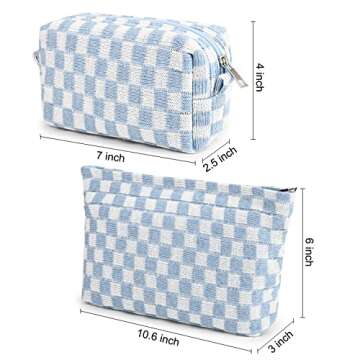 SOIDRAM 2 Pieces Makeup Bag Large Checkered Cosmetic Bag Capacity Canvas Mix Travel Toiletry Bag Organizer Cute Makeup Brushes Aesthetic Accessories Storage Bag for Women, Checkered Mix Blue
