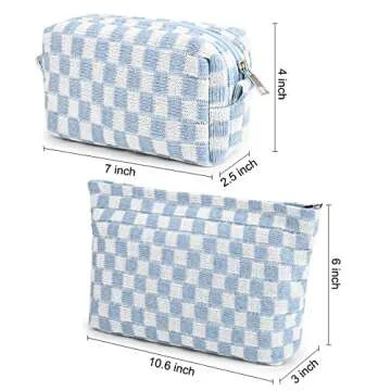 SOIDRAM 2 Pieces Makeup Bag Large Checkered Cosmetic Bag Capacity Canvas Mix Travel Toiletry Bag Organizer Cute Makeup Brushes Aesthetic Accessories Storage Bag for Women, Checkered Mix Blue