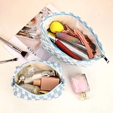 SOIDRAM 2 Pieces Makeup Bag Large Checkered Cosmetic Bag Capacity Canvas Mix Travel Toiletry Bag Organizer Cute Makeup Brushes Aesthetic Accessories Storage Bag for Women, Checkered Mix Blue
