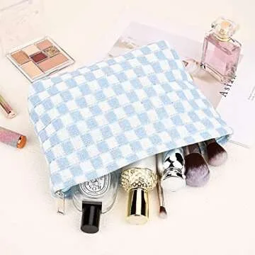 SOIDRAM 2 Pieces Makeup Bag Large Checkered Cosmetic Bag Capacity Canvas Mix Travel Toiletry Bag Organizer Cute Makeup Brushes Aesthetic Accessories Storage Bag for Women, Checkered Mix Blue