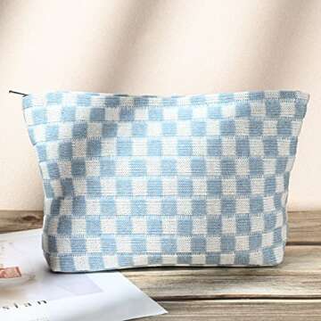 SOIDRAM 2 Pieces Makeup Bag Large Checkered Cosmetic Bag Capacity Canvas Mix Travel Toiletry Bag Organizer Cute Makeup Brushes Aesthetic Accessories Storage Bag for Women, Checkered Mix Blue