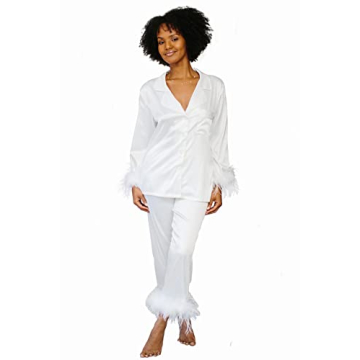 Belle's Design Feather Bridal Pajamas - Chic Satin Silk Sleepwear with Feather Trim