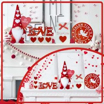 KnomeKo Valentines Day Tiered Tray Decor - 7 Pcs Gnomes Plush, Wood Signs, Wooden Beads Garland, Farmhouse Tiered Tray Decor Valentines Day Gift Idea