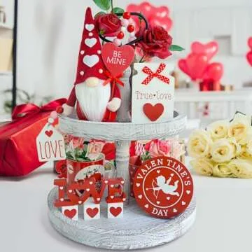 KnomeKo Valentines Day Tiered Tray Decor - 7 Pcs Gnomes Plush, Wood Signs, Wooden Beads Garland, Farmhouse Tiered Tray Decor Valentines Day Gift Idea