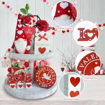 KnomeKo Valentines Day Tiered Tray Decor - 7 Pcs Gnomes Plush, Wood Signs, Wooden Beads Garland, Farmhouse Tiered Tray Decor Valentines Day Gift Idea