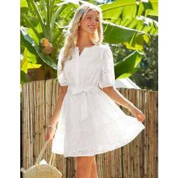 Short Fit and Flare Dress for Women Summer Casual Eyelet Vacation Dress Flowy Lace Floral Short Sleeve Mini Dress Ivory M