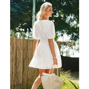 Short Fit and Flare Dress for Women Summer Casual Eyelet Vacation Dress Flowy Lace Floral Short Sleeve Mini Dress Ivory M