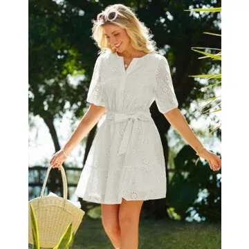 Short Fit and Flare Dress for Women Summer Casual Eyelet Vacation Dress Flowy Lace Floral Short Sleeve Mini Dress Ivory M