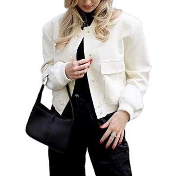 Hvewarm Women's Bomber Jacket With Buttons Casual Varsity Jacket Baseball Jacket Long Sleeve With Pockets(White-L)