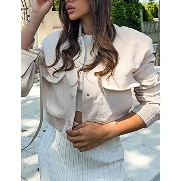 Hvewarm Women's Bomber Jacket With Buttons Casual Varsity Jacket Baseball Jacket Long Sleeve With Pockets(White-L)