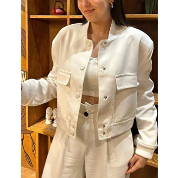 Hvewarm Women's Bomber Jacket With Buttons Casual Varsity Jacket Baseball Jacket Long Sleeve With Pockets(White-L)