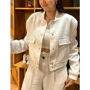 Hvewarm Women's Bomber Jacket With Buttons Casual Varsity Jacket Baseball Jacket Long Sleeve With Pockets(White-L)