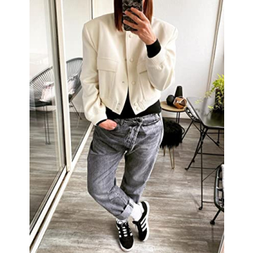Hvewarm Women's Bomber Jacket With Buttons Casual Varsity Jacket Baseball Jacket Long Sleeve With Pockets(White-L)