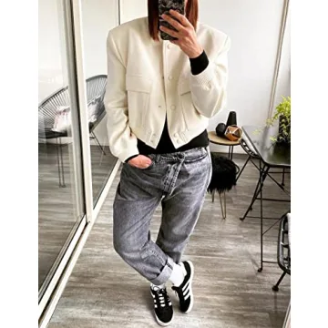 Hvewarm Women's Bomber Jacket With Buttons Casual Varsity Jacket Baseball Jacket Long Sleeve With Pockets(White-L)