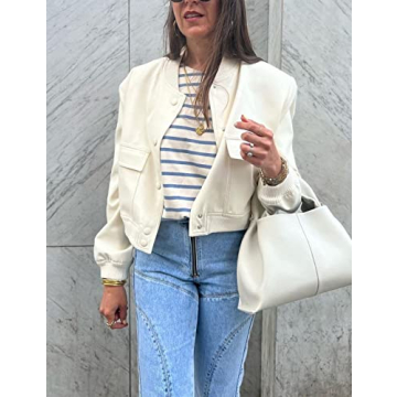 Hvewarm Women's Bomber Jacket With Buttons Casual Varsity Jacket Baseball Jacket Long Sleeve With Pockets(White-L)
