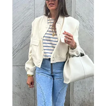 Hvewarm Women's Bomber Jacket With Buttons Casual Varsity Jacket Baseball Jacket Long Sleeve With Pockets(White-L)