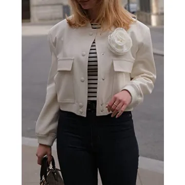 Hvewarm Women's Bomber Jacket With Buttons Casual Varsity Jacket Baseball Jacket Long Sleeve With Pockets(White-L)