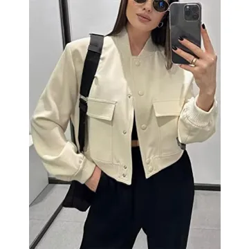Hvewarm Women's Bomber Jacket With Buttons Casual Varsity Jacket Baseball Jacket Long Sleeve With Pockets(White-L)