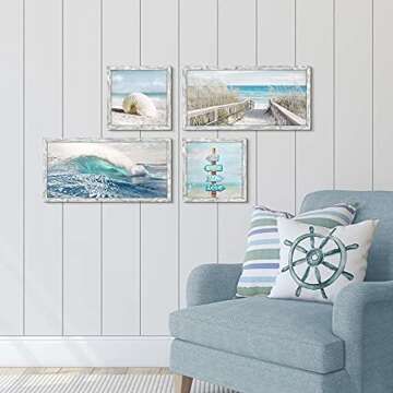 Ocean Wall Art Wooden Framed: Beach Artwork Coastal Prints Set of 4 Seascape Wall Decor for Living Room Overall 36"W x 24"H