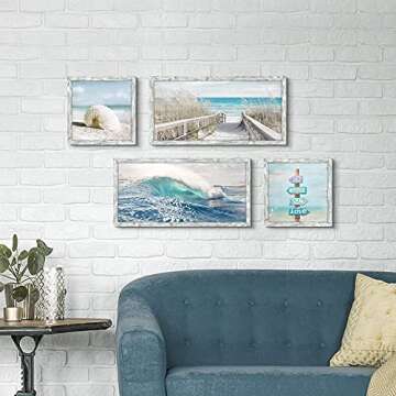 Ocean Wall Art Wooden Framed: Beach Artwork Coastal Prints Set of 4 Seascape Wall Decor for Living Room Overall 36"W x 24"H