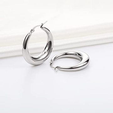 Silver Thick Chunky Hoop Earrings for Women, Stainless Steel Hollow Round High Polished Hoops Earrings For Women, Silver 20mm