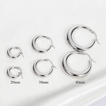 Silver Thick Chunky Hoop Earrings for Women, Stainless Steel Hollow Round High Polished Hoops Earrings For Women, Silver 20mm
