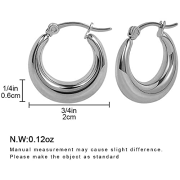 Silver Thick Chunky Hoop Earrings for Women, Stainless Steel Hollow Round High Polished Hoops Earrings For Women, Silver 20mm