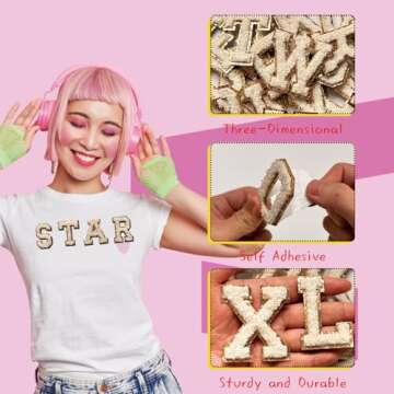 52 Pieces Self Adhesive Chenille Letter Patches Glitter Varsity Letter Patches A-Z Iron On Repair Pa...