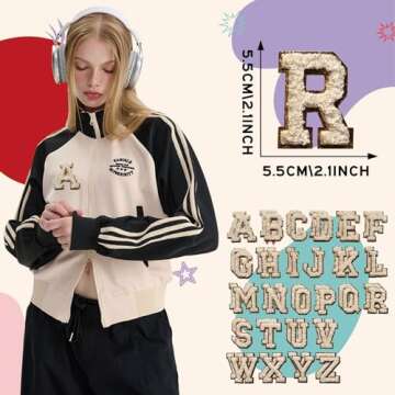 52 Pieces Self Adhesive Chenille Letter Patches Glitter Varsity Letter Patches A-Z Iron On Repair Patches Applique Patches for DIY Shirts Jackets Backpacks Hat (White)