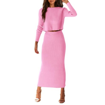 PRETTYGARDEN Women's Spring Fall 2 Piece Sweater Set Rib Knit Long Sleeve Crop Top Maxi Bodycon Skir...
