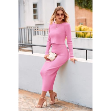 PRETTYGARDEN Women's Spring Fall 2 Piece Sweater Set Rib Knit Long Sleeve Crop Top Maxi Bodycon Skirt Casual Winter Outfits (Pink,Medium)