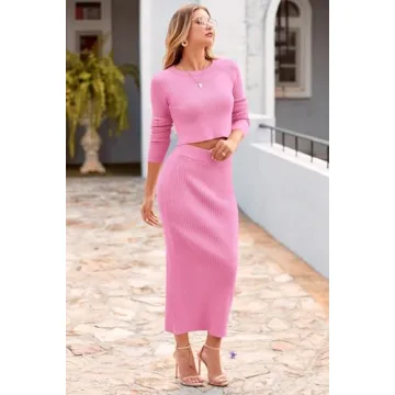 PRETTYGARDEN Women's Spring Fall 2 Piece Sweater Set Rib Knit Long Sleeve Crop Top Maxi Bodycon Skirt Casual Winter Outfits (Pink,Medium)