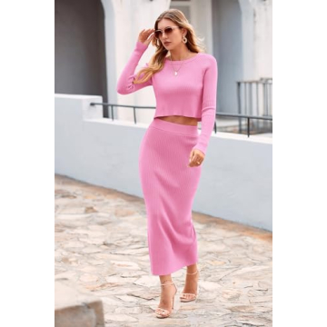 PRETTYGARDEN Women's Spring Fall 2 Piece Sweater Set Rib Knit Long Sleeve Crop Top Maxi Bodycon Skirt Casual Winter Outfits (Pink,Medium)