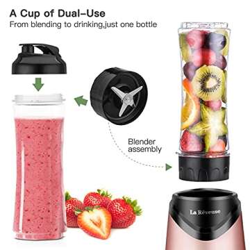 La Reveuse Smoothie Blender Personal Size 300 Watts with 2 Pieces 18 oz BPA-free Travel Sports Bottl...